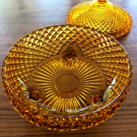 Dining Vintage Footed Amber Glass Bowl With Lid Poshmark